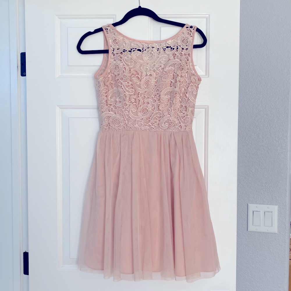 Short Blush Lace Bodice Bridesmaid Dress